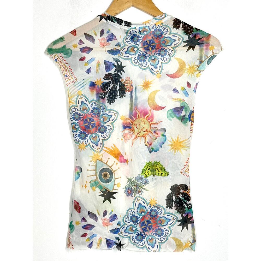 AFRM Nina Top Sun & Floral Print Sheer Mesh Cap Sleeve Tee Summer Convo M - Picture 6 of 11